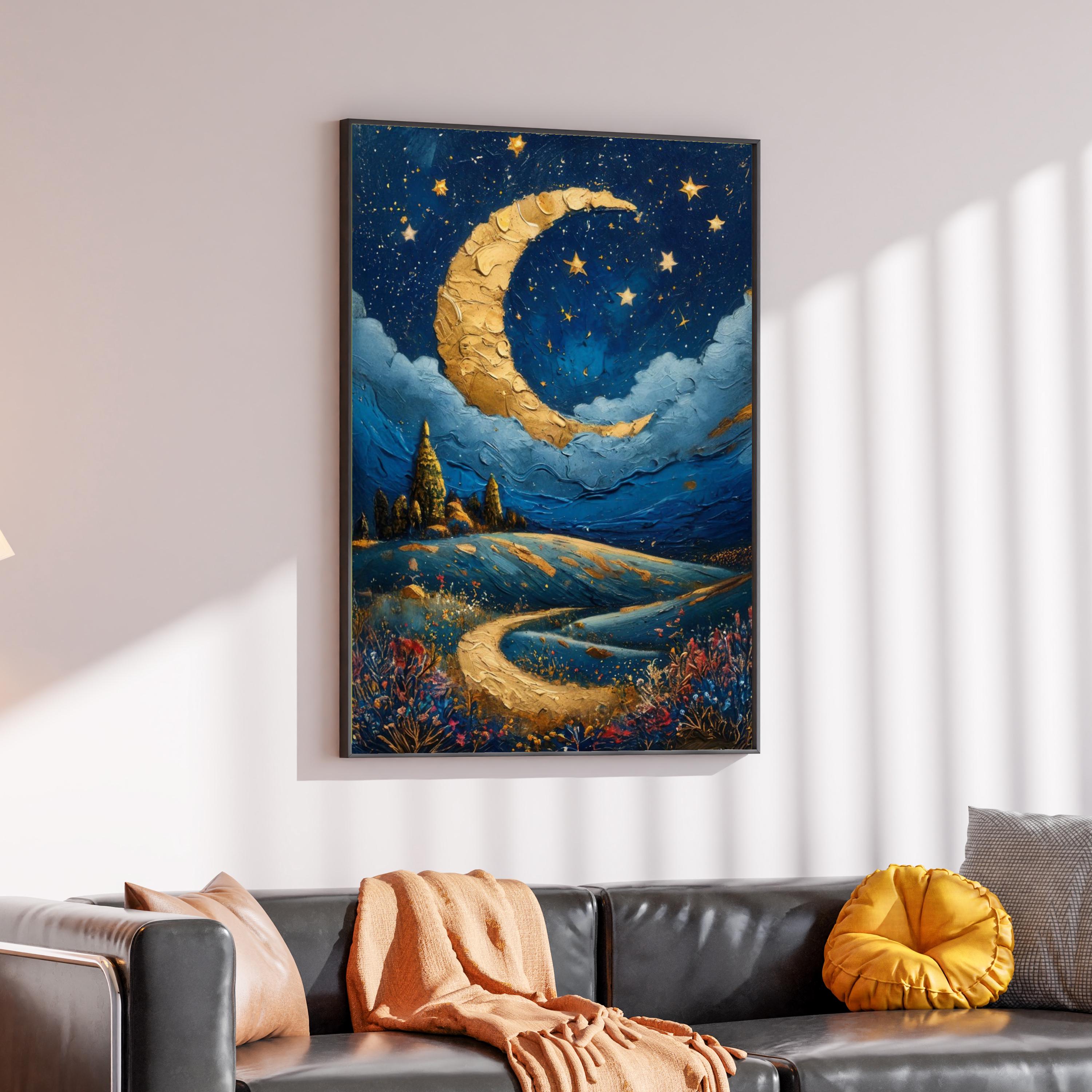 ゴールデン三日月キャンバス、星空の夜の壁アート、夢のような風景