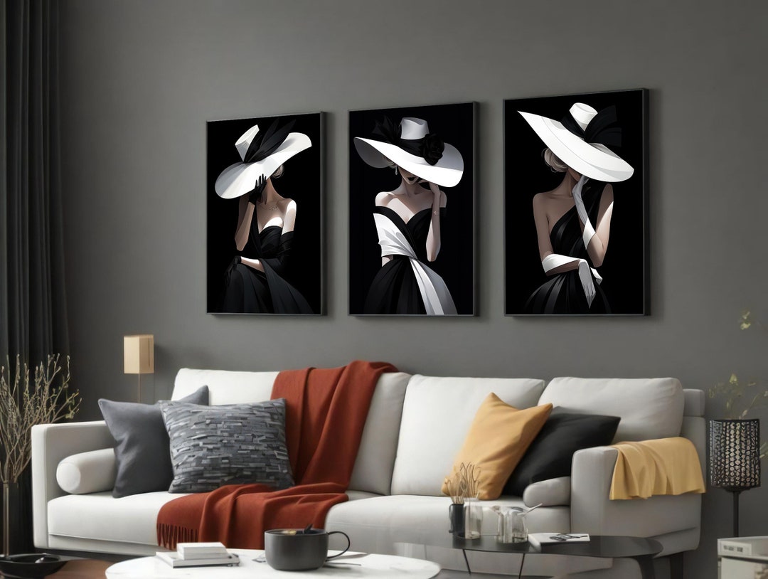 Woman in Black Dress and Hat Canvas Print, Set of 3 Women, Minimal ...