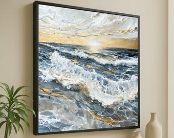 抽象的な油彩画 波と海 大きな抽象的な海の波の絵画：青と金のテクスチャアート - Etsy 日本