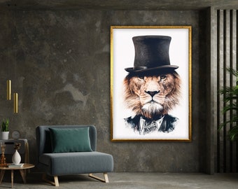 leeuw met fedora, motiverende poster, pak leeuw print, dieren print huisdecoratie, kunst aan de muur canvas ontwerp, ingelijst canvas klaar om op te hangen