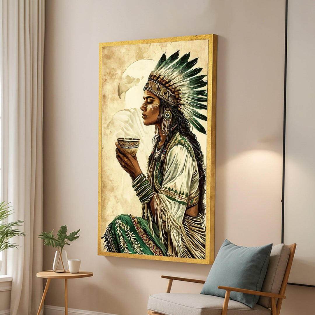 Native American Woman With Eagle Spirit Canvas, Tribal Headdress Wall ...