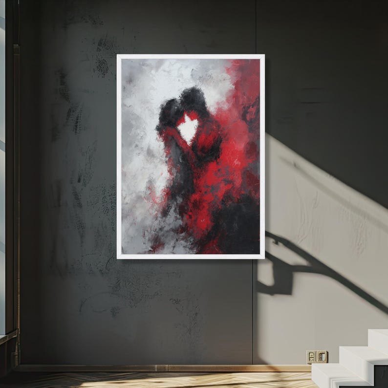 Abstract paar omarmen canvas, romantisch rood zwart schilderij, moderne liefdeskunst, muurdecor, canvas emotionele expressie afbeelding 5
