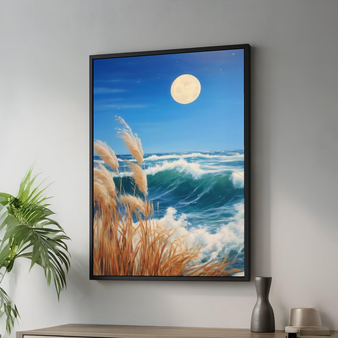 Full Moon Ocean Waves Canvas, Coastal Beach Scene, Seaside Wall Art ...