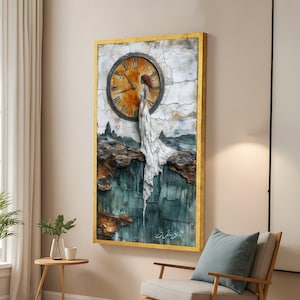 May include: A framed artwork showing a woman in a white dress emerging from a clock face. The painting has a gold frame and depicts a landscape with a cliff and a waterfall. The clock face is orange and brown.