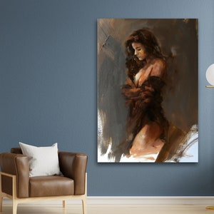 May include: A painting of a woman with long brown hair, wearing a brown robe, standing in a soft-lit room. The painting is done in a painterly style with loose brushstrokes.