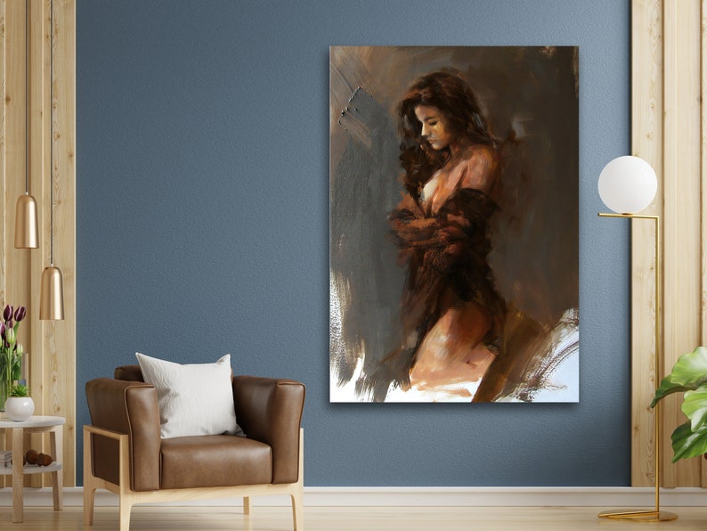 May include: A painting of a woman with long brown hair, wearing a brown robe, standing in a soft-lit room. The painting is done in a painterly style with loose brushstrokes.