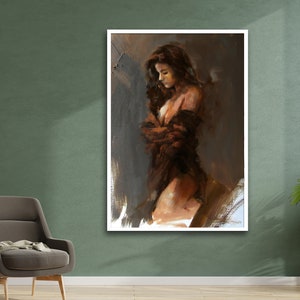 May include: A painting of a person with long brown hair wearing a brown robe. The person is standing in a dimly lit room with a soft, blurred background.