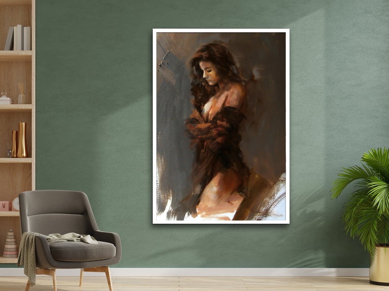 May include: A painting of a person with long brown hair wearing a brown robe. The person is standing in a dimly lit room with a soft, blurred background.