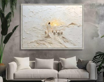 Jesus Shepherd with Sheep Canvas, Religious Wall Art, Christian Spiritual Canvas, White Landscape, Modern Home Decoration