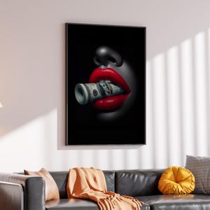 Red Lips Money Canvas, Bold Pop Art, Money Roll Art, Modern Wall Art Canvas, Ready to Hang, Unique Home Decoration, Glam Art Design