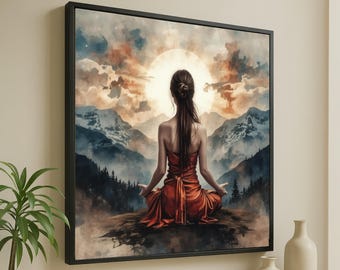 Meditative Woman Silhouette, Mountain Sunrise Canvas, Spiritual Yoga Wall Art, Serene Nature Landscape, Zen Meditation Canvas Decor