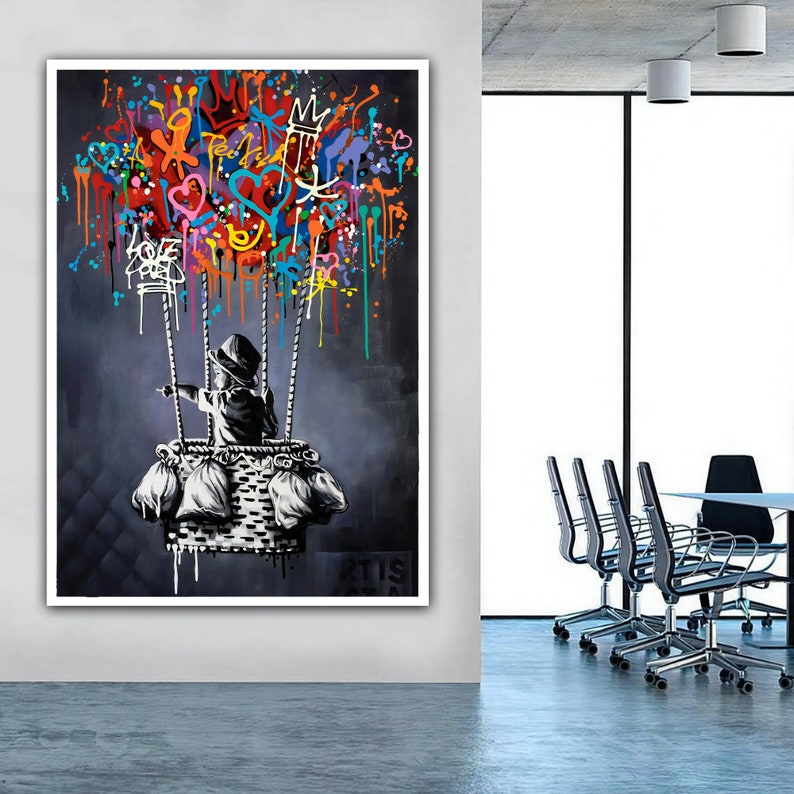 Banksy Balloon Canvas, Balloon Poster, Banksy Art, Wall Art Canvas Design, Ready To Hang Decoration White Frame