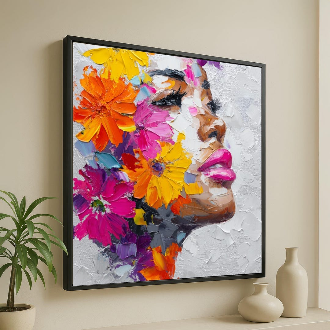 Abstract Floral Face, Modern Portrait Canvas, Colorful Flowers Wall Art ...
