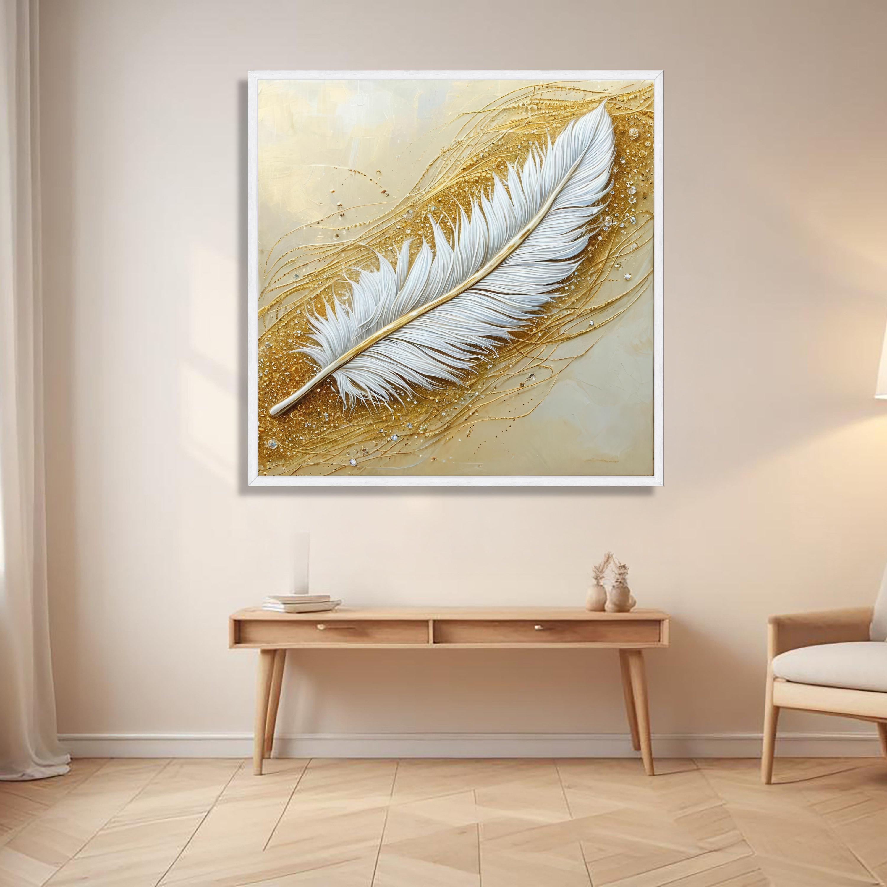 Elegant White Feather Canvas, Gold Abstract Wall Art, Feather Nature ...