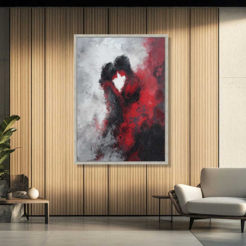 Abstract paar omarmen canvas, romantisch rood zwart schilderij, moderne liefdeskunst, muurdecor, canvas emotionele expressie afbeelding 4