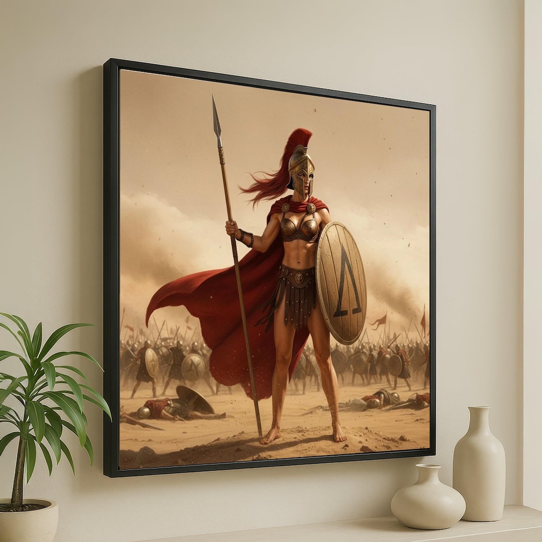 Fierce Spartan Warrior Woman Canvas, Ancient Greek Shield and Spear Art ...
