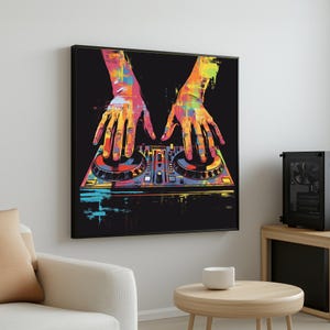 Urban DJ Canvas, Vibrant Music Art, Turntable Wall Art, DJ Hands Illustration, Wall Art Canvas Design, Ready to Hang Decoration