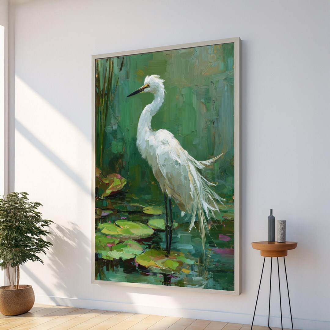 Elegant White Egret Canvas Wall Art, Bird Nature Painting, Wetland ...
