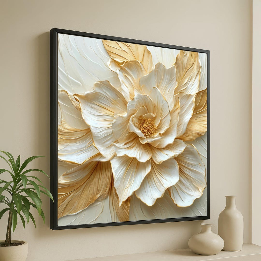 Elegant Gold and White Floral Canvas Wall Art, Large Flower Design ...