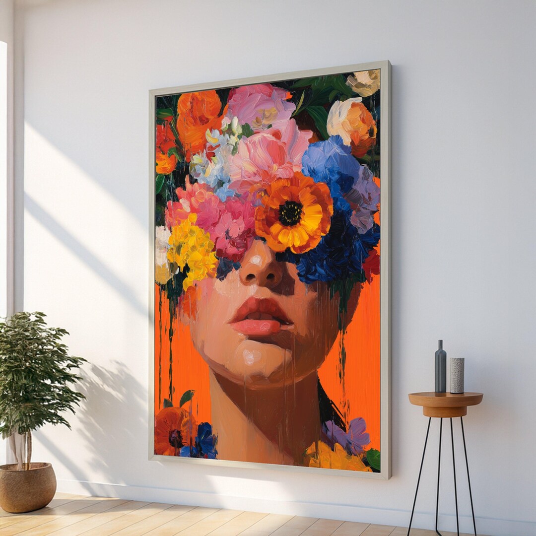 Vibrant Floral Face Portrait Canvas, Abstract Woman Wall Art, Colorful ...