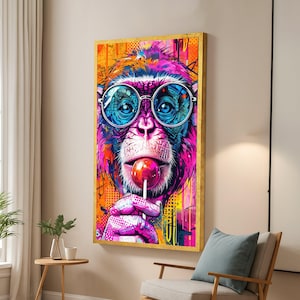 Vibrant Urban Monkey Canvas, Colorful Street Art Style, Pop Art Animal Wall Decor, Modern Psychedelic Canvas, Funky Home Decoration Ready to