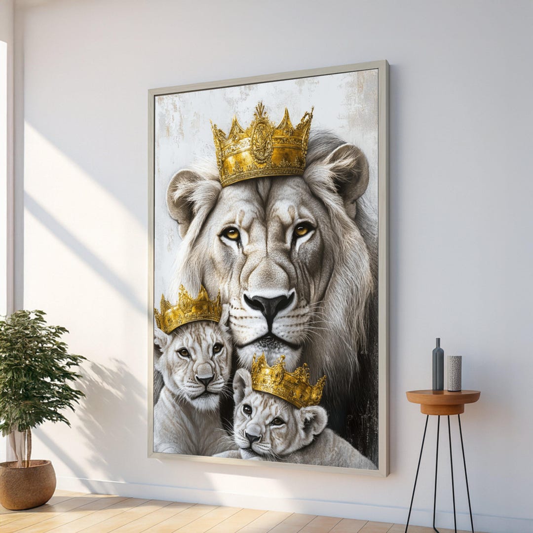Regal White Lion Family Canvas, Golden Crown Wall Art, Majesty Animal ...