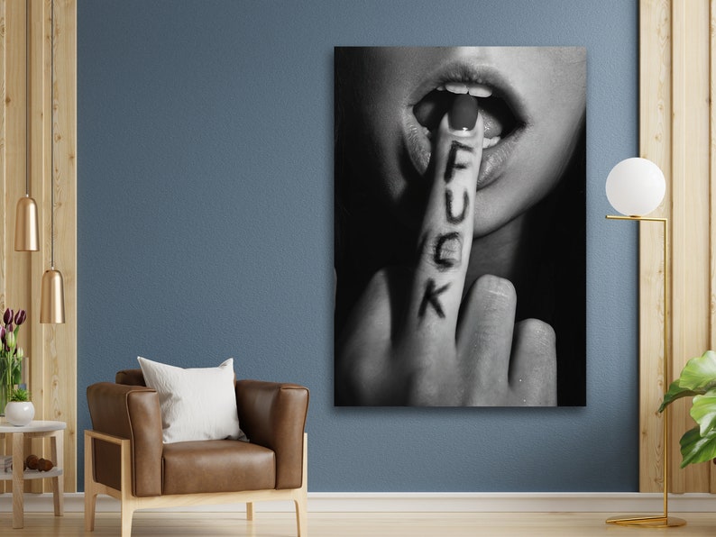 fuck wall art, bedroom wall art, woman middle finger, erotic canvas, middle finger, sex decor, wall art canvas design, framed ready to hang image 5