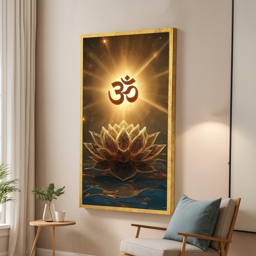 Glowing Om Symbol With Golden Lotus Flower Canvas, Spiritual Wall Art ...