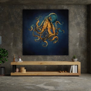 Op de afbeelding: Een illustratie van een gouden en blauwe octopus op een donkerblauwe achtergrond. De octopus heeft een textuur, een metalen look en is omgeven door een donkerblauwe achtergrond.