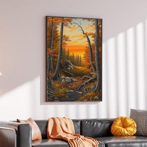 Tela de floresta de outono, arte de paisagem de pôr do sol, impressão de parede de árvore de outono, pôster de natureza, design de tela de arte de parede, decoração pronta para pendurar