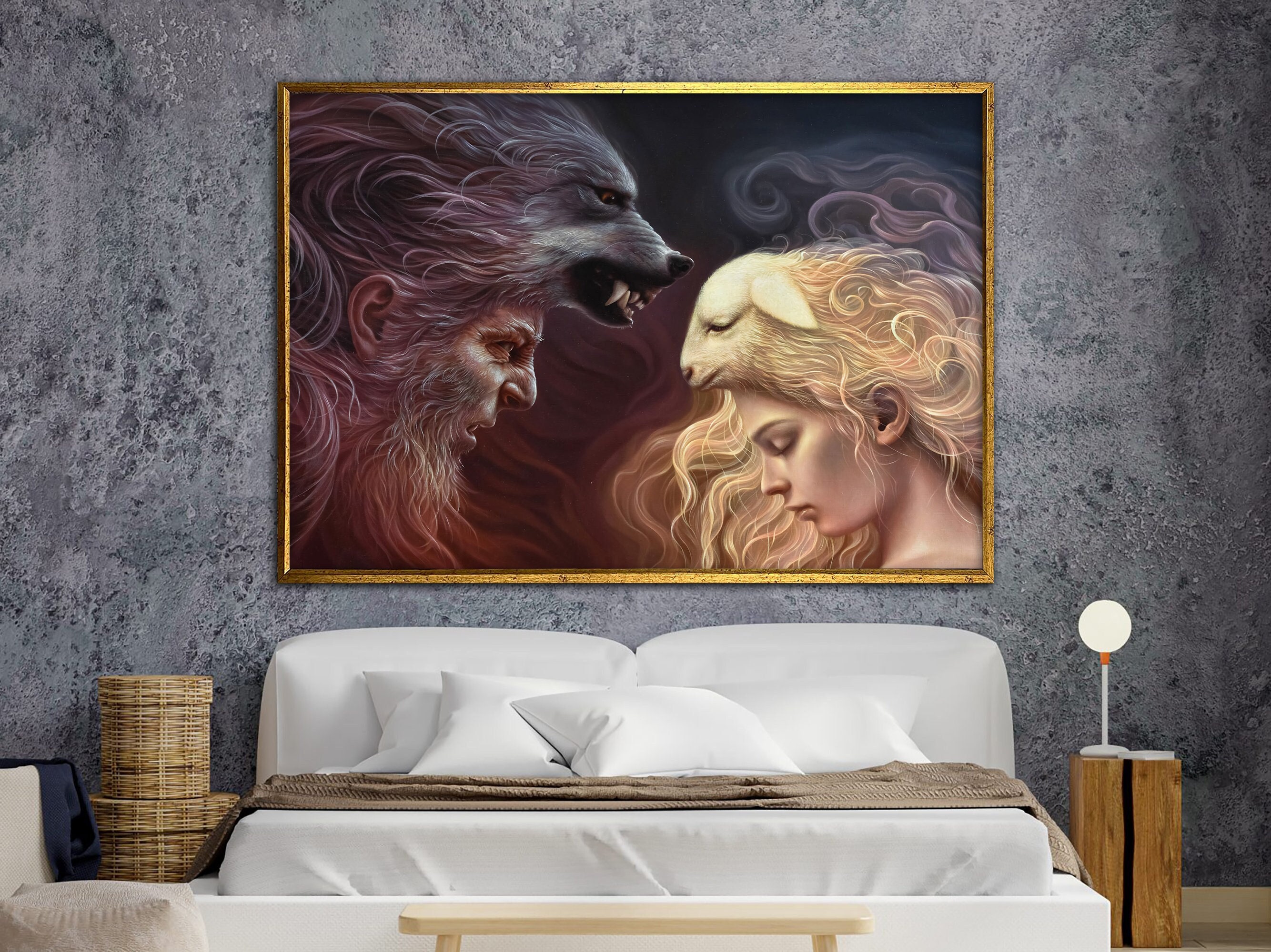 wolf and lamb print, lycanthrop and woman painting, canvas painting design, wall art canvas design, framed ready to hang