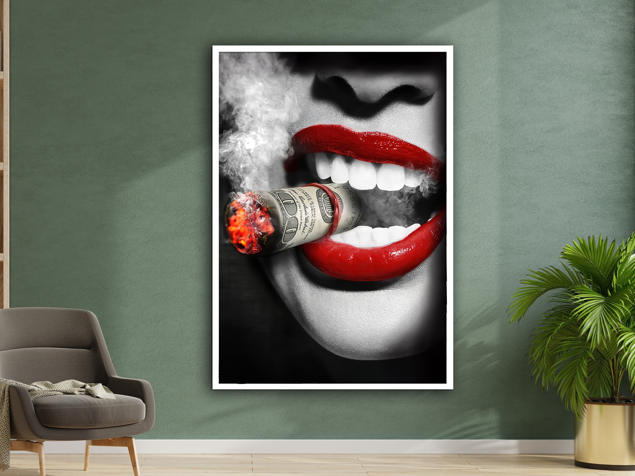Smoking Woman Poster, Lips Money Cigar Canvas Unique Design, Wall Art ...