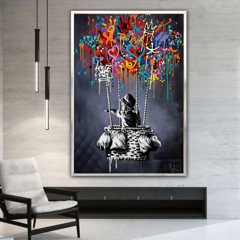 Banksy Balloon Canvas, Balloon Poster, Banksy Art, Wall Art Canvas Design, Ready To Hang Decoration Silver Frame