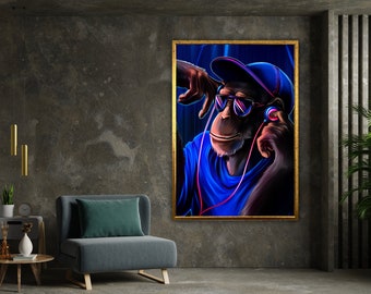 Dj Monkey, Crazy Monkey, Blue Monkey Wall Art, Animal Art, Gorilla Headphone Canvas Prints, Wall Art Canvas Design, Ready To Hang Decoration