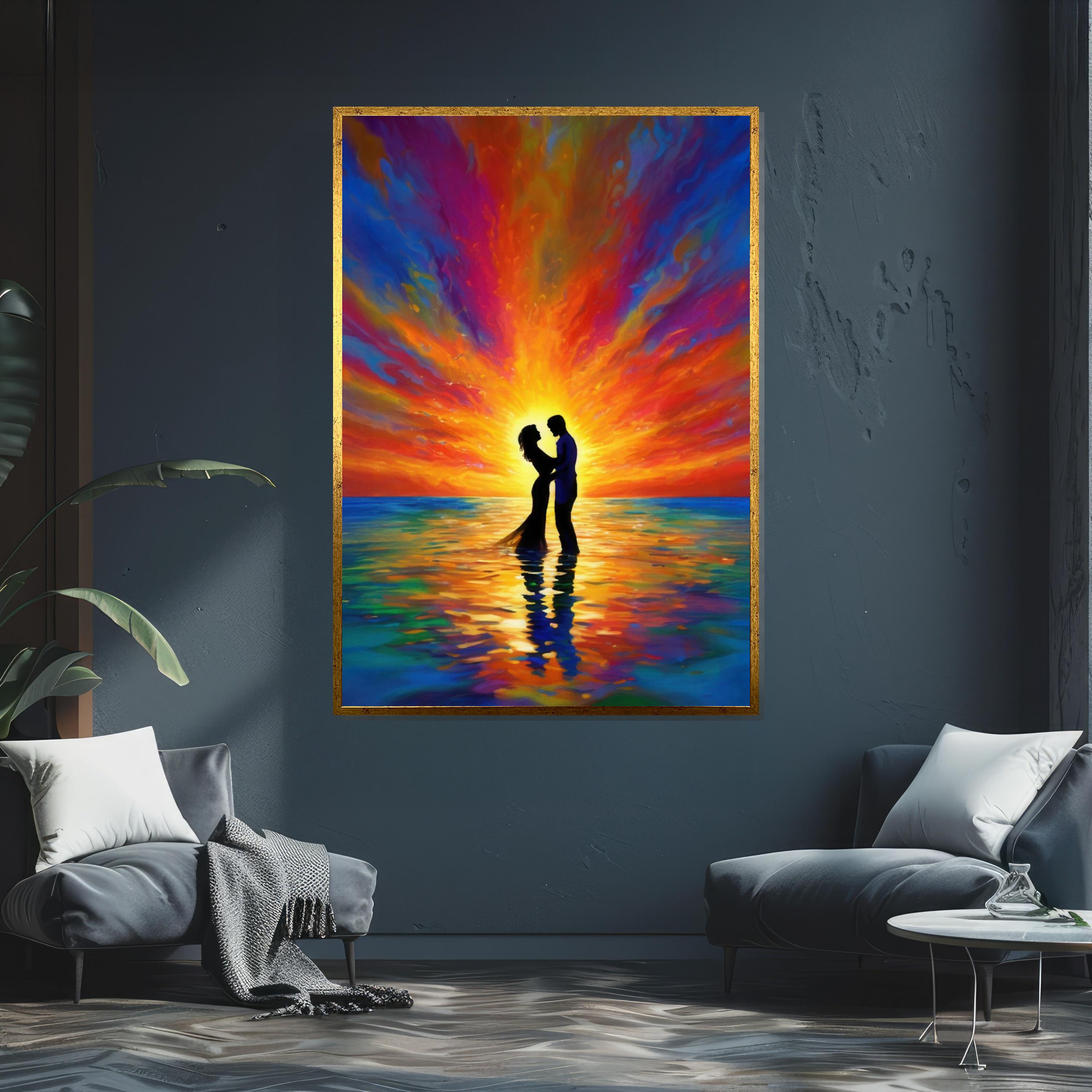 Romantic Sunset Canvas, Lovers Silhouette Wall Art, Colorful