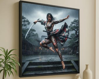 Fierce Samurai Woman in Rain, Traditional Tattoo Art Canvas, Japanese Warrior Portrait, Dynamic Action Wall Art, Asian Culture Canvas