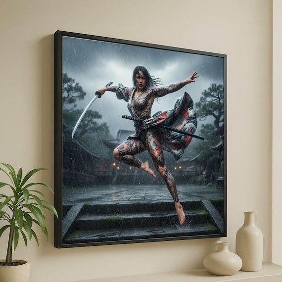 Fierce Samurai Woman in Rain, Traditional Tattoo Art Canvas, Japanese Warrior Portrait, Dynamic Action Wall Art, Asian Culture Canvas