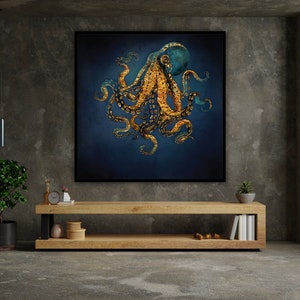 Op de afbeelding: Een illustratie van een gouden en blauwe octopus op een donkerblauwe achtergrond. De octopus heeft een textuur, een metalen look en is in een dynamische pose met uitgestrekte tentakels afgebeeld.