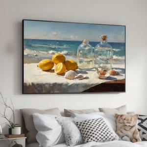 Coastal Still Life with Lemons and Glass Bottles, Beach Table Canvas, Seaside Fruit Art, Summer Home Decoration, Nautical Wall Art