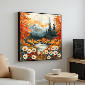 Ruscello di montagna autunnale, tela con paesaggio autunnale, arte murale naturalistica, poster con prato fiorito, design per arte murale su tela, decorazione pronta da appendere