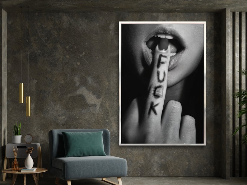 fuck wall art, bedroom wall art, woman middle finger, erotic canvas, middle finger, sex decor, wall art canvas design, framed ready to hang image 3