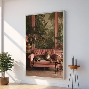 May include: A framed artwork featuring a pink sofa with a leopard resting on it. The background is a lush, detailed mural of a tropical garden. A small side table and decorative items are also visible, creating a luxurious interior scene.