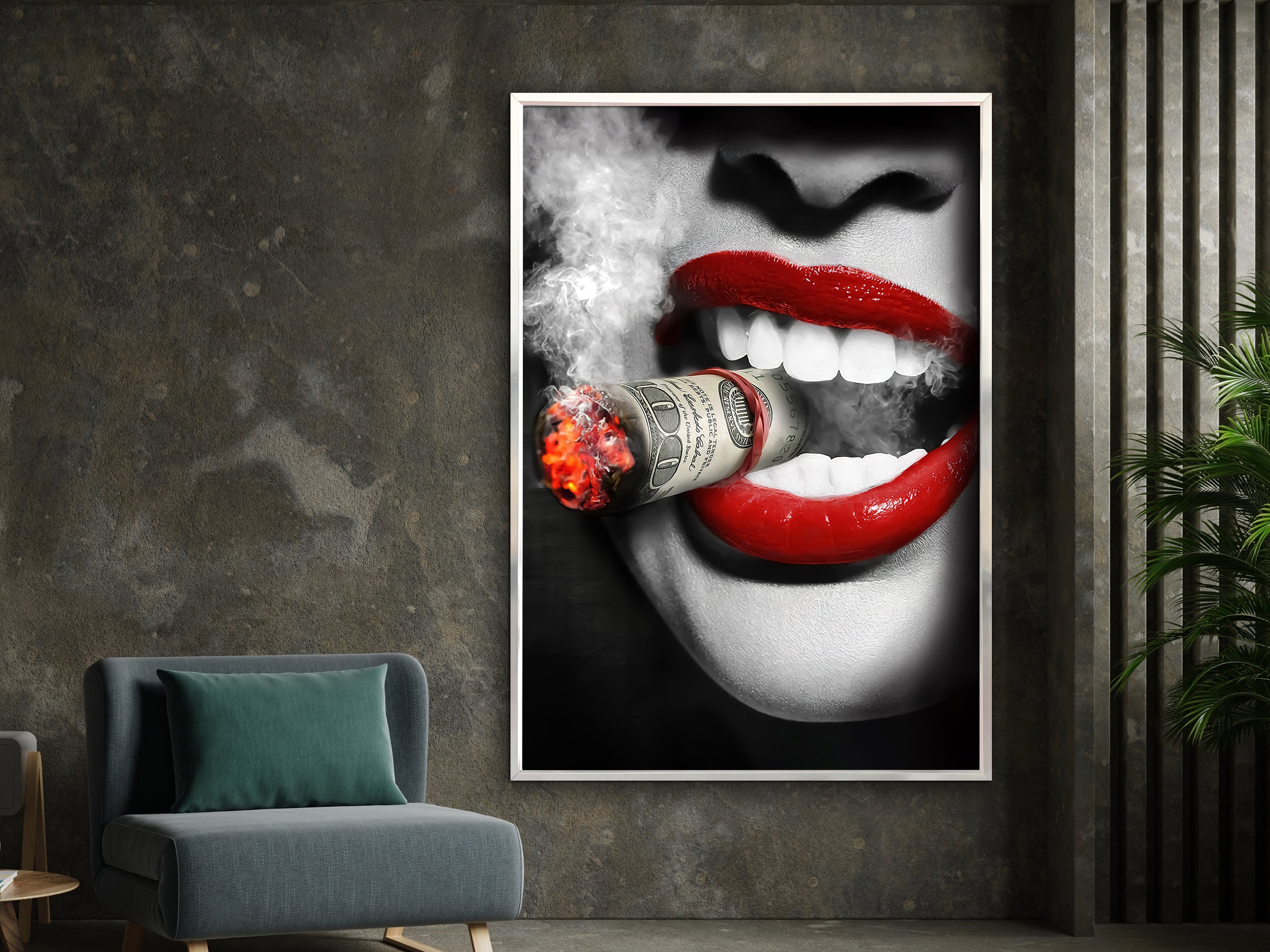 Smoking Woman Poster, Lips Money Cigar Canvas Unique Design, Wall Art ...