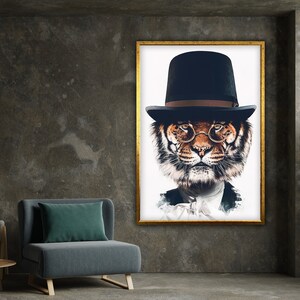 tiger with fedor canvas print, suit tiger print, animals print home decoration, wall art canvas design, framed canvas ready to hang