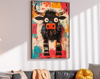 Djärv tjurcanvas, färgglad tjurväggkonst, abstrakt djurtryck, väggkonstcanvasdesign, redo att hängas dekoration