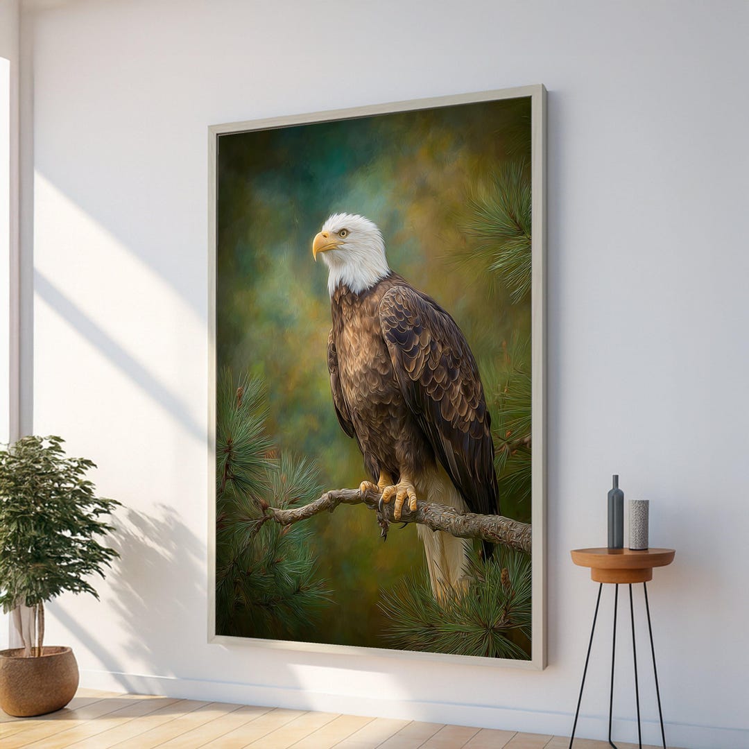 Majestic Bald Eagle Perched on Pine Branch Canvas Wall Art, Wildlife ...