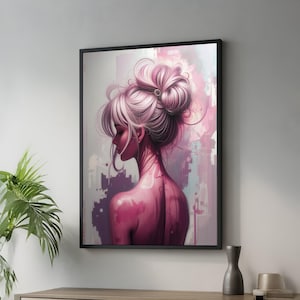 Elegant Woman Profile Canvas, Pink Hair Art, Modern Portrait Wall Decor, Feminine Beauty Canvas, Contemporary Digital Art Print