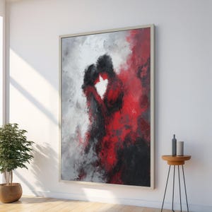 Abstract paar omarmen canvas, romantisch rood zwart schilderij, moderne liefdeskunst, muurdecor, canvas emotionele expressie afbeelding 1