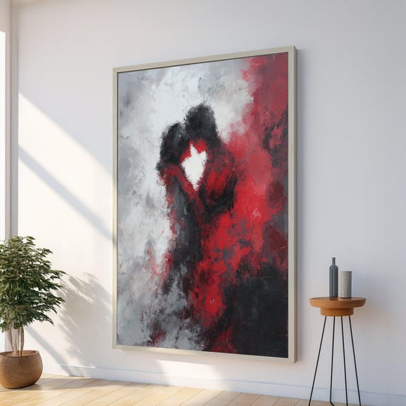 Abstract Couple Embrace Canvas, Romantic Red Black Painting, Modern Love Art, Wall Decor, Emotional Expression Canvas