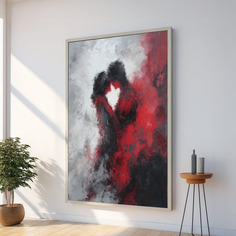 Abstract paar omarmen canvas, romantisch rood zwart schilderij, moderne liefdeskunst, muurdecor, canvas emotionele expressie afbeelding 1